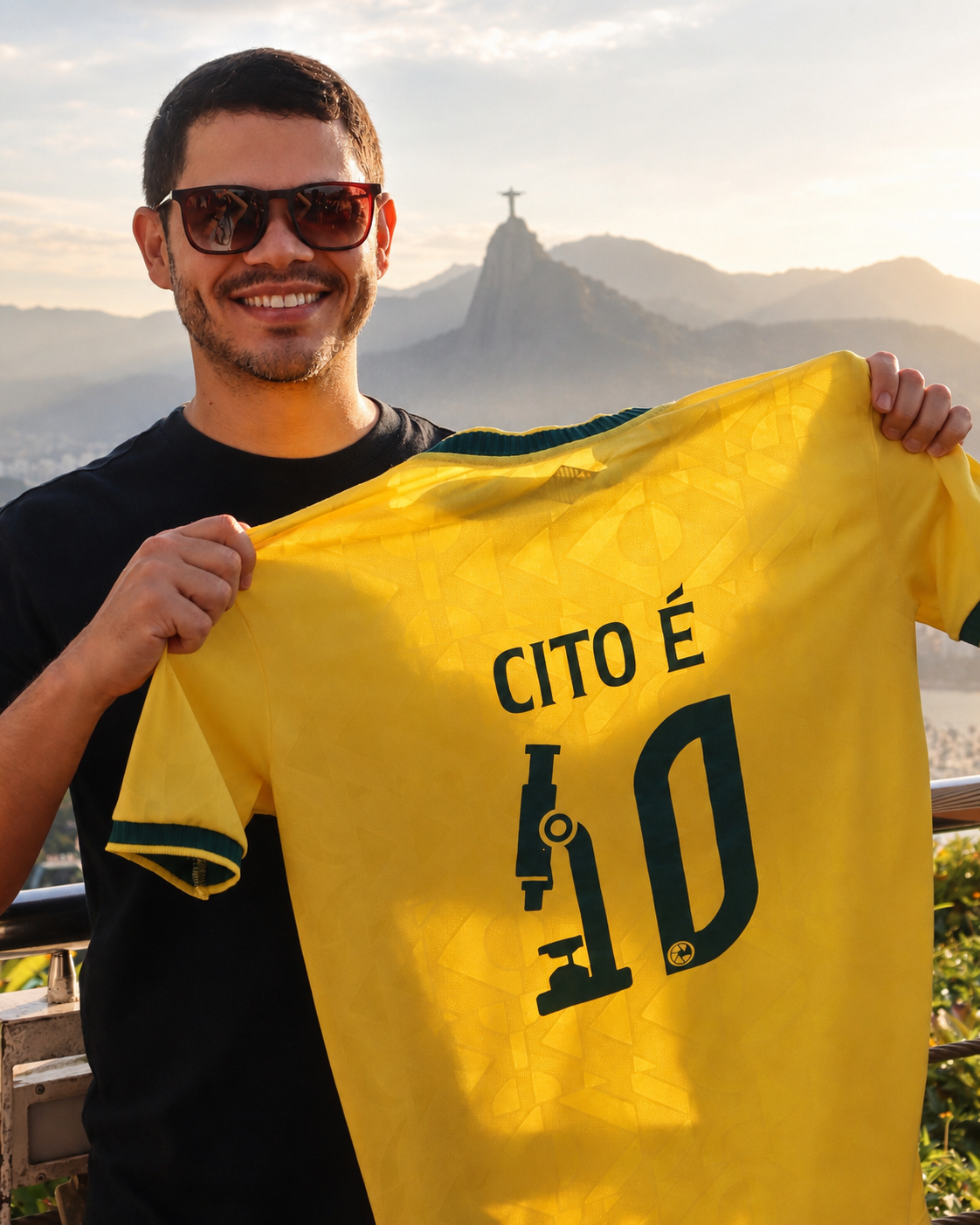 Prof. Me. Valdiery Araújo segurando a camisa da Citologia Descomplicada