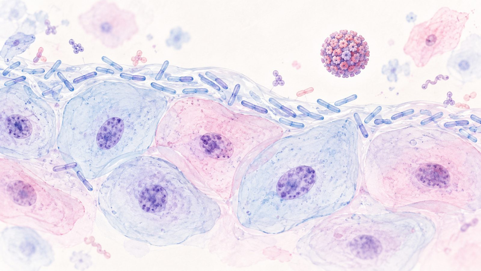 Ilustração editorial do ambiente cervicovaginal e da microbiota