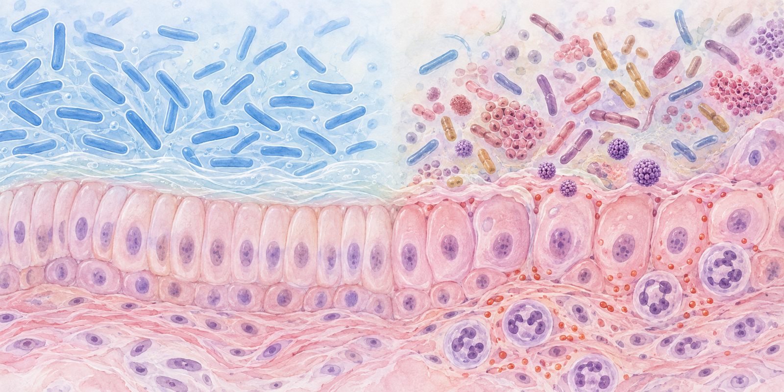 Ilustração conceitual da relação entre microbiota e HPV