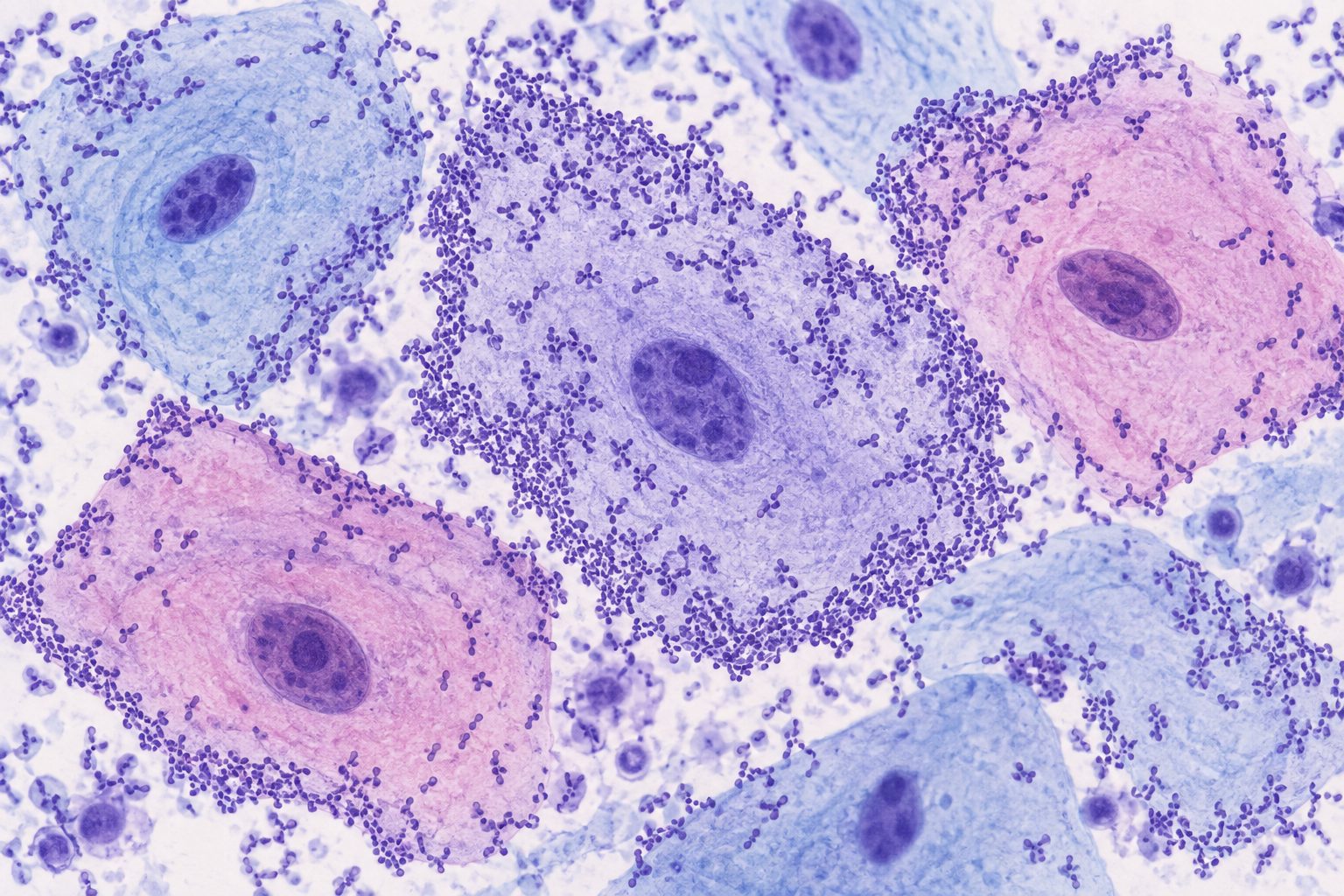 Ilustração editorial de padrão citológico compatível com vaginose bacteriana